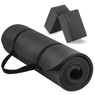 Image of Fitvids All Purpose 1/2 Inch Extra Thick High Density Anti Tear Exercise Yoga Mat with Carrying Strap and Blocks, Black