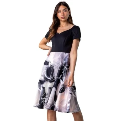 Image of Roman Originals Women Contrast Floral Print Fit &amp; Flare Dress Ladies Spring Everyday Summer Holiday V Neckline Fashion Short Sleeve Comfy Vacation Dresses Black Grey Size 16