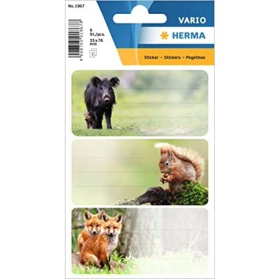 Image of HERMA 1867 Book Labels for Writing on Forest Animals, 9 Pieces, 76 x 35 mm, Self Adhesive Lined Stickers School, Kids, Girls, Boys, Multicoloured Stickers, Colourful