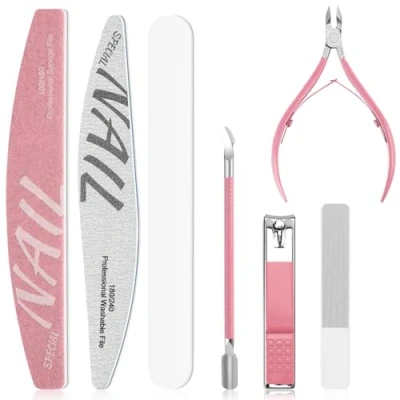 Image of Nail Files and Buffer Kit Women Manicure Prep Care with Cuticle Trimmer Pusher Clippers Glass File for Natural Acrylic Nails 8Pcs Set in Box