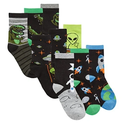 Image of Metzuyan Boys Novelty Cotton Rich Socks 9 Pairs Funky Characters T Rex Alien Space 6 8.5