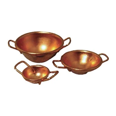 Image of Melody Jane Dolls House Set of 3 Copper 2 Handled Bowls Miniature Kitchen Baking Accessory