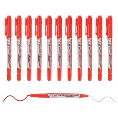 Image of M&amp;G Permanent Twin Markers Dual Ultra Fine Point Tip(1.5mm+0.5mm), 12 Pack Quick Dry Waterproof Fiber Tip Pens for Paper, Glass, Plastic, Wood, Stone, Metal Surface, Red