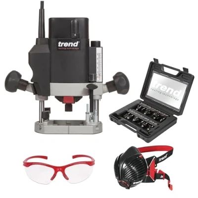 Image of Trend T5 Ultimate Routing Starter Set, T5EK/MK2 Variable Speed Plunge Router (1000W, 1/4 Inch, 240V), 12 Piece Inch Cutter Dust Mask &amp; Safety Glasses, T5/Start/Set