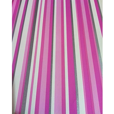 Image of DEBONA Stripe Wallpaper Stripey Striped Metallic Silver Pink White Bold Washable