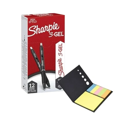 Image of SHARPIE S Gel 0.7mm M (0.7mm) Black Ink Pack of 12 + Sticky Notes