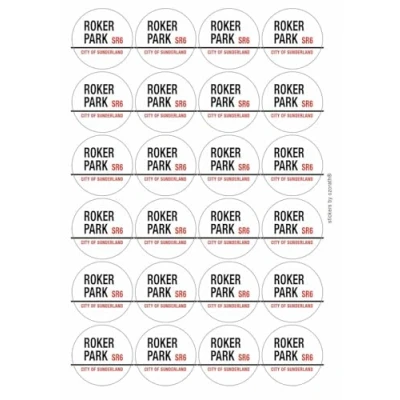 Image of Roker Park SR6 City of Sunderland Road Sign Circular Matt Paper Stickers A4 Sheet 24 (Each Sticker is 45mm Diameter)