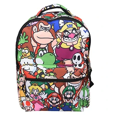 Image of Nintendo’s Super Mario Backpack for Boys &amp; Girls, School Bag with Front Pocket, Allover Character Print Gaming Bookbag Padded Back and Adjustable Mesh Straps, Black, Laptop