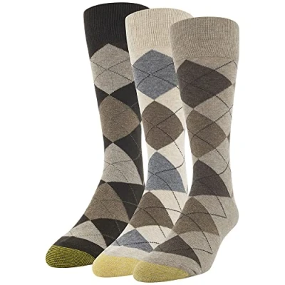 Image of GOLDTOE Men&#039;s Carlyle Argyle Crew Socks 3 Pack, Taupe Argyle, Large