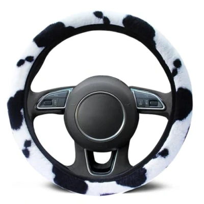 Image of Cow Pattern Fluffy Car Steering Wheel Cover Non Slip Soft Furry Plush Winter Warm Vehicle Protector Universal Automotive Fit 37 39cm
