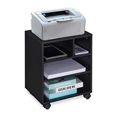 Image of Relaxdays Office Cabinet, Storage, 4 Shelves, Cupboard, Tray, Home, Printer Table, Wheels, HxWxD: 49x40x30 cm, Black, Fibreboard, 49 x 40 30 cm