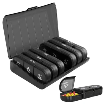 Image of Weekly Pill Box Organiser, 7 Day 3 Times A Day, Portable, Durable and Convenient Travel Pills Case for Tablets, to Hold Vitamins, Cod Liver Oil, Supplements &amp; Medication, Black