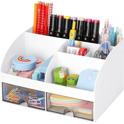 Image of KAHEIGN Desk Organiser with 2 Drawers, 19CM x 14CM Multi Functional Tidy Large Capacity Pen Holder Makeup Organizer for Kids Teacher Gift Office School Home Table Decor (White)