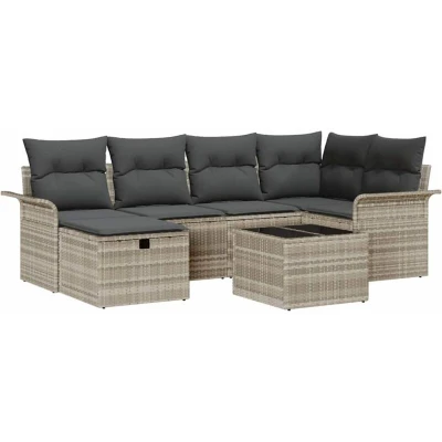 Image of vidaXL 7 Piece Garden Sofa Set with Cushions Light Grey Poly Rattan