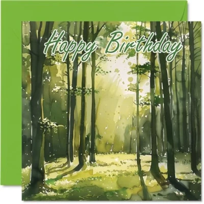 Image of Birthday Cards for Women Men Watercolour Forest Green Happy Card Mum Dad Brother Sister Uncle Auntie Cousin Grandad Nanny Friend 145mm x Bday Greeting