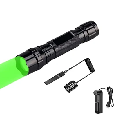 Image of WESLITE Green Light Flashlight, Ultra Bright Tactical Hunting Torch Focus Adjustable 1 Mode Waterproof with Pressure Switch and Battery Charger for Coyote Predator Varmint