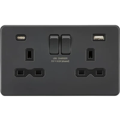 Image of KnightsBridge 13A 2G SP Screwless Switched Socket with Dual USB A+C Anthracite, Black Insert