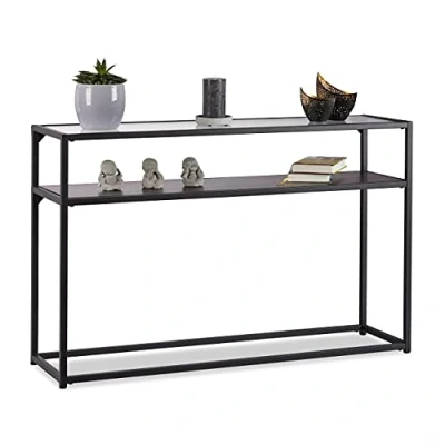 Image of Relaxdays Glass Console Table, Transparent Tabletop, Metal Frame, Stand, 4 Legged, HxWxD: 70.5x110x30 cm, Black