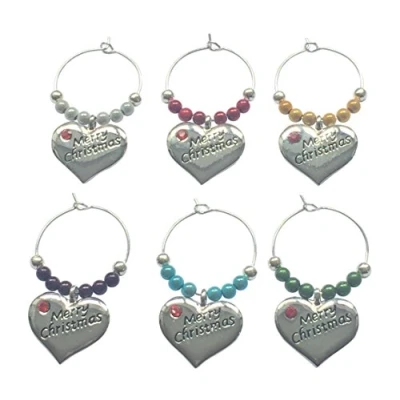 Image of Libby&#039;s Market Place Set of 6 Colourful Merry Christmas Wine Glass Charms with 3 Gift Options (Organza Bag)