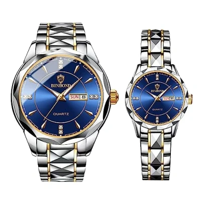 Image of JewelryWe Couple Watch Analogue Quartz Calendar 30 m Waterproof Partner Stainless Steel Bracelet Men Women Watches with Rhinestone Dial, Blue Watches,