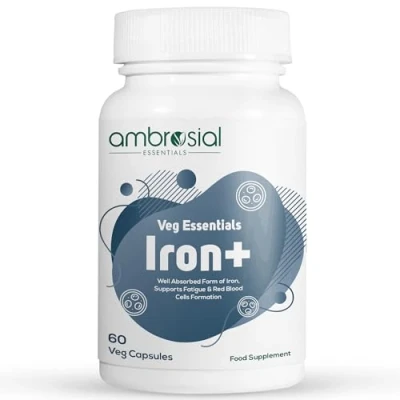 Image of Ambrosial Iron Capsules 25mg High Strength Supplements for Women &amp; Men Blood Support Tiredness Fatigue Non Constipating, Enhanced Absorption Vegan, Gluten Free 60