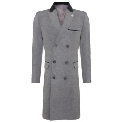 Image of TruClothing Mens 3/4 Grey Long Double Breasted Warm Winter Business Crombie Overcoat Wool Coat 48