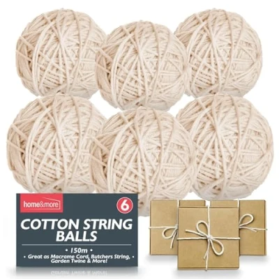 Image of SOL 6x Cotton String Balls 150m Kitchen Twine for Meat, Gift Wrapping &amp; Butchers Durable White Macrame Cord Cooking, Parcel Tying, DIY Projects Crafts