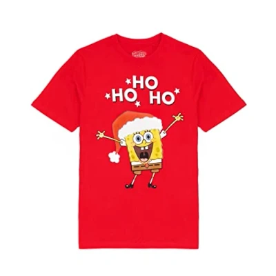 Image of SPONGEBOB SQUAREPANTS Christmas T Shirt Mens Adults Red Short Sleeve Festive Top Xmas Gift for Him