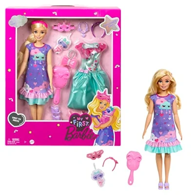 Image of Barbie Doll for Preschoolers, My First “Malibu Deluxe doll, 13.5 Inch Blonde with Accessories, Soft Poseable Body, Party &amp; Bedtime Themed Fashions, from 3 Years, HMM67