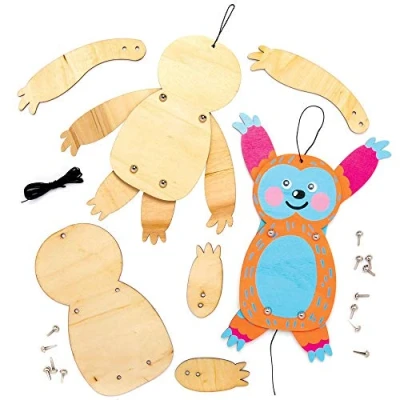 Image of Baker Ross AT692 Sloth Wooden Puppet Kits Pack of 4, Blank Wood Templates to Build Your own Moving Puppets