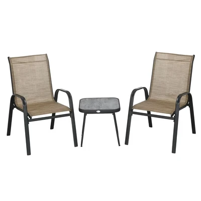 Image of Outsunny 3 Pieces Outdoor Bistro Set, Patio Stackable Armchairs with Breathable Mesh Fabric and SPC Board Coffee Table, Brown
