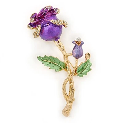 Image of Avalaya Romantic Purple/Green Enamel, Crystal Rose Brooch in Gold Plating 65mm L