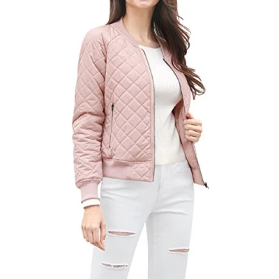 Image of Allegra K Women&#039;s Zip Up Raglan Long Sleeves Quilted Bomber Jacket Pink S