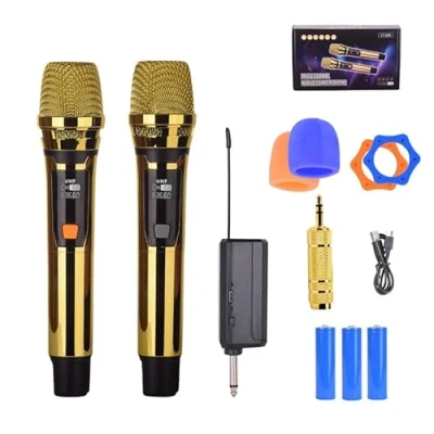 Image of Handheld Wireless Microphone, Rechargeable UHF Plating18K Gold 2 MIC,Handheld Dynamic Mic for Large Stage Singing Karaoke Wedding DJ Party Speech Church Class Use PA System