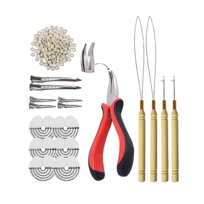 Image of Hair Extensions Tools Kit: I Tip Pliers, Pulling Needle, Loop Threader and 200 Pieces 5.0mm Silicone Extension Rings Beads Links (Blonde)