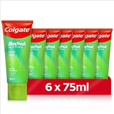Image of Colgate Max Fresh Fruit Fusion Zesty Lime Flavoured Toothpaste 6 x 75ml citrus flavours with refreshing mint FreshFX technology fluoride protection fights cavities protects enamel