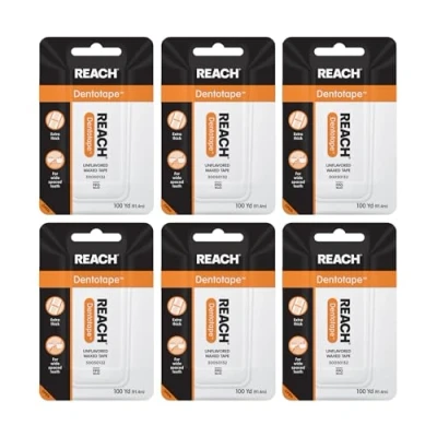 Image of Reach Dentotape Waxed Dental Floss with Extra Wide Cleaning Surface for Large Spaces Between Teeth, Unflavored, 100 Yards, (Pack of 6)