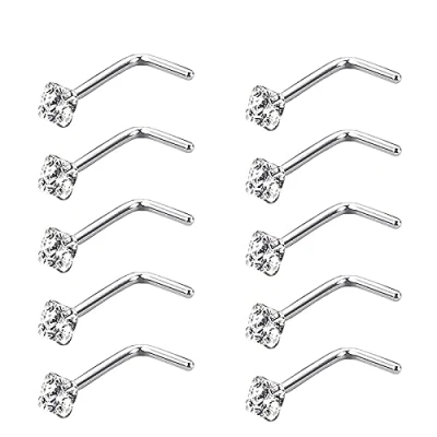 Image of Zeayebsr 10 Piece Curved Nose Stud Steel Ring Cubic Zirconia L Bend Bar Piercing Jewelry 20 Gauge