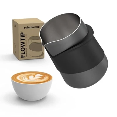Image of Subminimal FlowTip Handless Jug Stovetop Milk Frothing, Foaming Pitcher for Premium Barista Style Coffee Cappuccino &amp; Latte Art Pouring with Ergonomic Heat Resistant Handle 450ml, Black