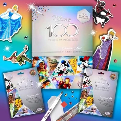 Image of Disney D100 Crystal Art Sticker Album Starter Pack, Includes 3X Sparkling Stickers, Collectible &amp; Tools, DIY Diamond Kit for Kids Adults, 30x21cm