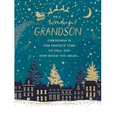 Image of Paperlink Wonderful Grandson Christmas Card Santa&#039;s Sleigh at Night with Foil and Embossed Details Eco Friendly Recyclable