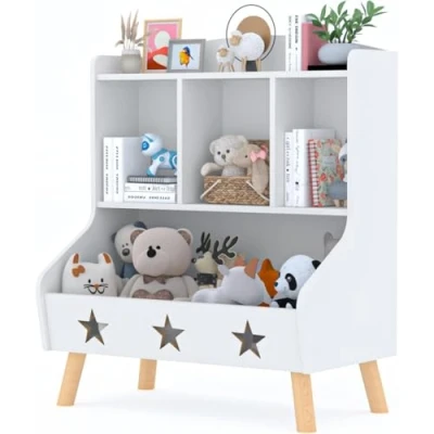 Image of Kids Bookshelf and Toy Organiser, Bookcase with 3 Compartments, Children Room Toys Books Storage Organizer, Book Shelf Organizer Holder, for Bedroom, Room, Playroom, Nursery (White)