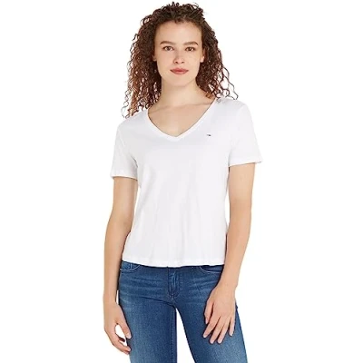 Image of Tommy Jeans Women&#039;s Tjw Slim Soft V Neck Tee S/S Knit Tops, White, M