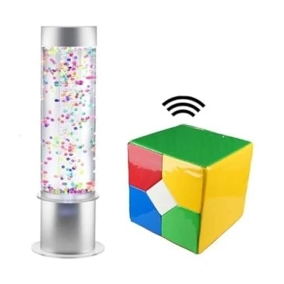 Image of Playlearn Sensory Colour Changing Bubble Tube with Floating Balls 60cm LED Novelty Light Remote Cube Controller Enhance Stimulation Ideal for Waiting Room, Office &amp; Kid&#039;s Room