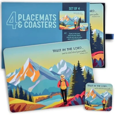 Image of Christian placemats set of 4, cork backed, plus 4 coasters, heat resistant, hiker with Bible verse Proverbs 3:5 6. Religious table mats by Just Cards Direct