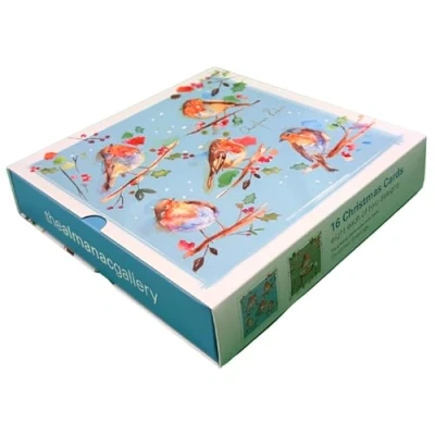 Image of Almanac Gallery Box of Christmas Cards (AV AVXLD0014) Robins Jennifer Rose 16 Cards, 8 Each 2 Designs