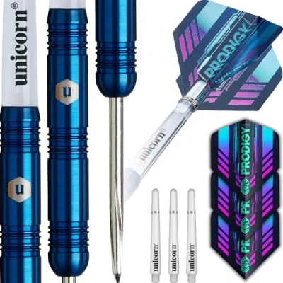 Image of Unicorn Darts Set U Tech Prodigy Style 1 95% Tungsten Barrels with Navy Blue Titanium PVD Coating &amp; Intricately Machined Grip Rings Durable Ultrafly Flights Steel Tip Volute Points 26 g