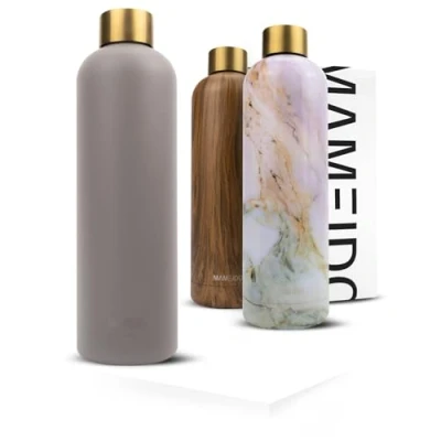 Image of MAMEIDO Metal Water Bottle 750ml, 500ml &amp; 1l Leak Proof Insulated Bottle. BPA Free Stainless Steel, Thermo Flask (Taupe Grey Gold, 0,75l)