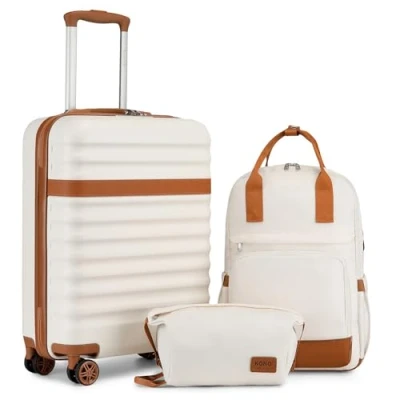 Image of Kono Suitcase Carry On Hand Luggage ABS+PC Hardshell Travel Trolley with TSA Lock and 4 Spinner Wheels (Cream/Brown, 20 Inch Set)