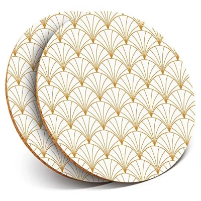 Image of Destination Vinyl ltd 2 x MDF Glossy Top Coasters Round Vintage Art Deco Pattern White Gold 12760